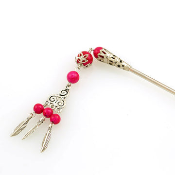 Tibetan Style Hair Stick with Tassel 5.5" Long Hotpink